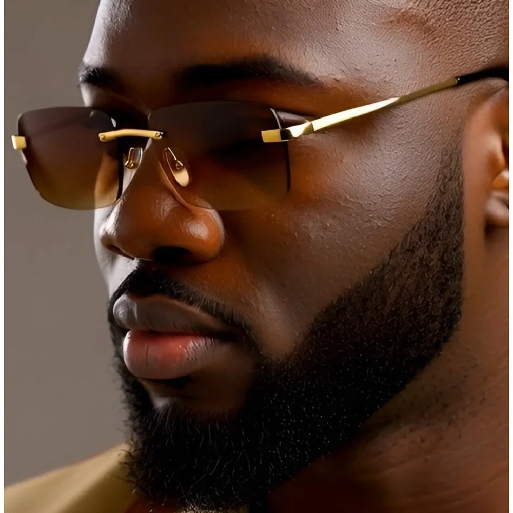 Rimless Sunglasses‎ Rectangle Brown Lens Gold Frame Men's Fashion Sreet Wear New